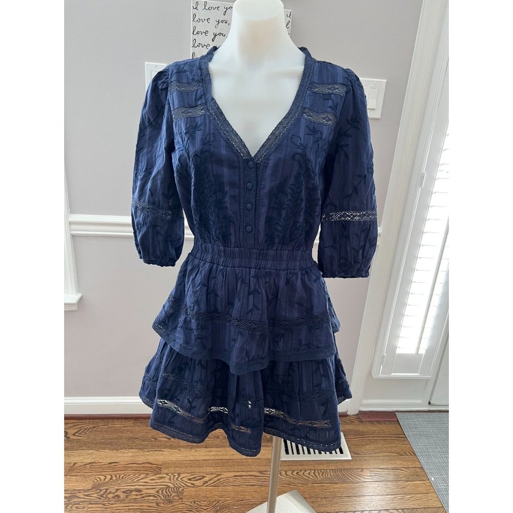 ALLISON NEW YORK Embroidered Tiered Cotton Navy Blue Mini Dress Size Small